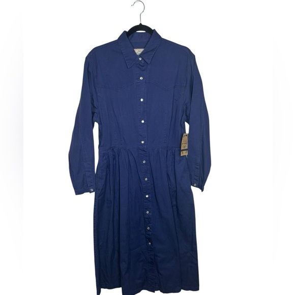 VTG 80s Western Pearl-snap Button Shirt Midi Long Sleeve Dress Size Large Navy - Picture 1 of 16